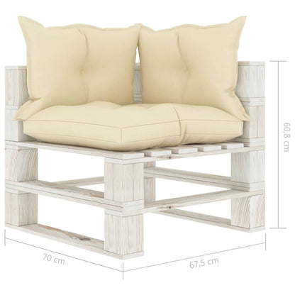 Garden pallet corner sofa with cushions in cream wood