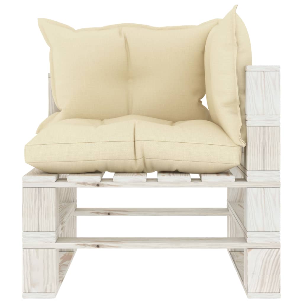 Garden pallet corner sofa with cushions in cream wood