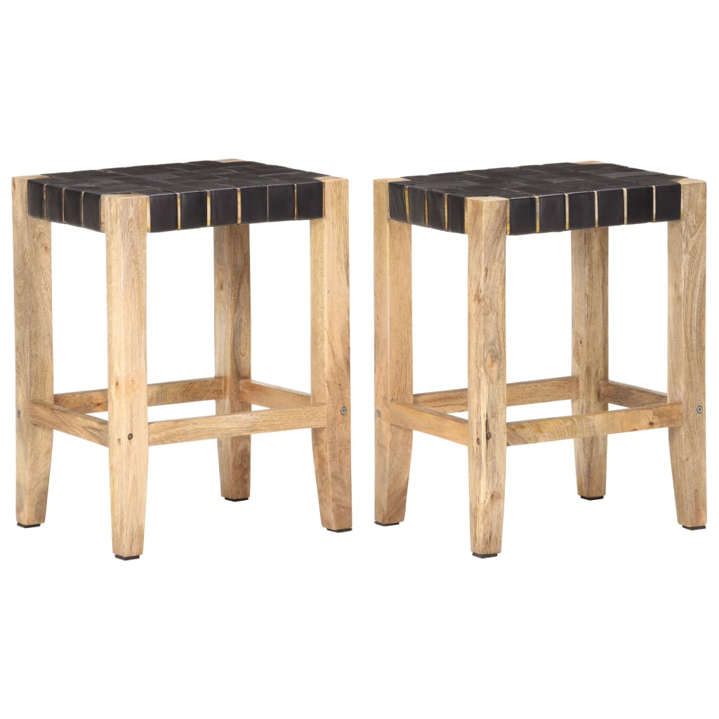 Bar stools 2 pcs. Black genuine leather solid mango wood 46x36x60 cm