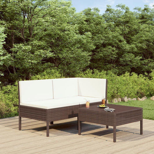 3-piece garden lounge set with cushions poly rattan brown