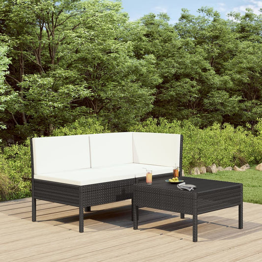 3-piece garden lounge set with cushions poly rattan black