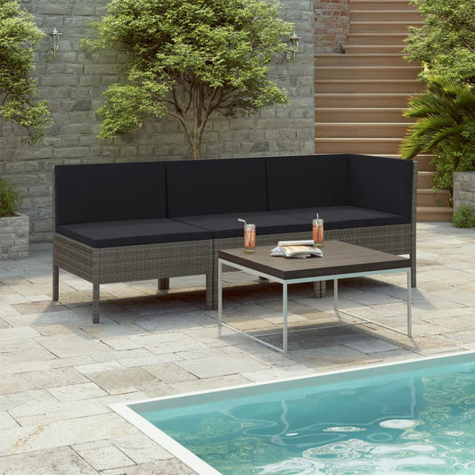 3-piece garden lounge set with cushions poly rattan grey