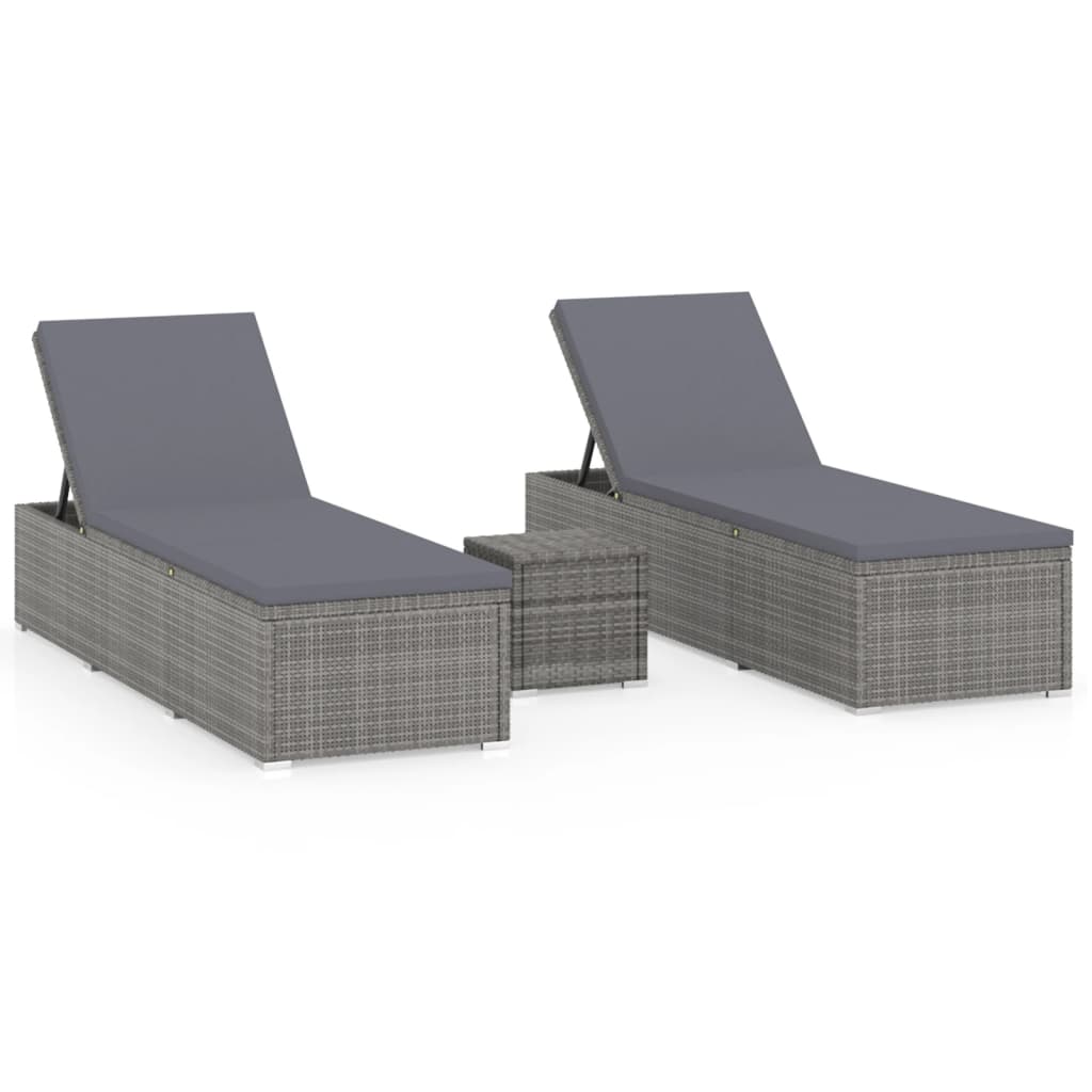 3-piece garden sun loungers with tea table poly rattan grey