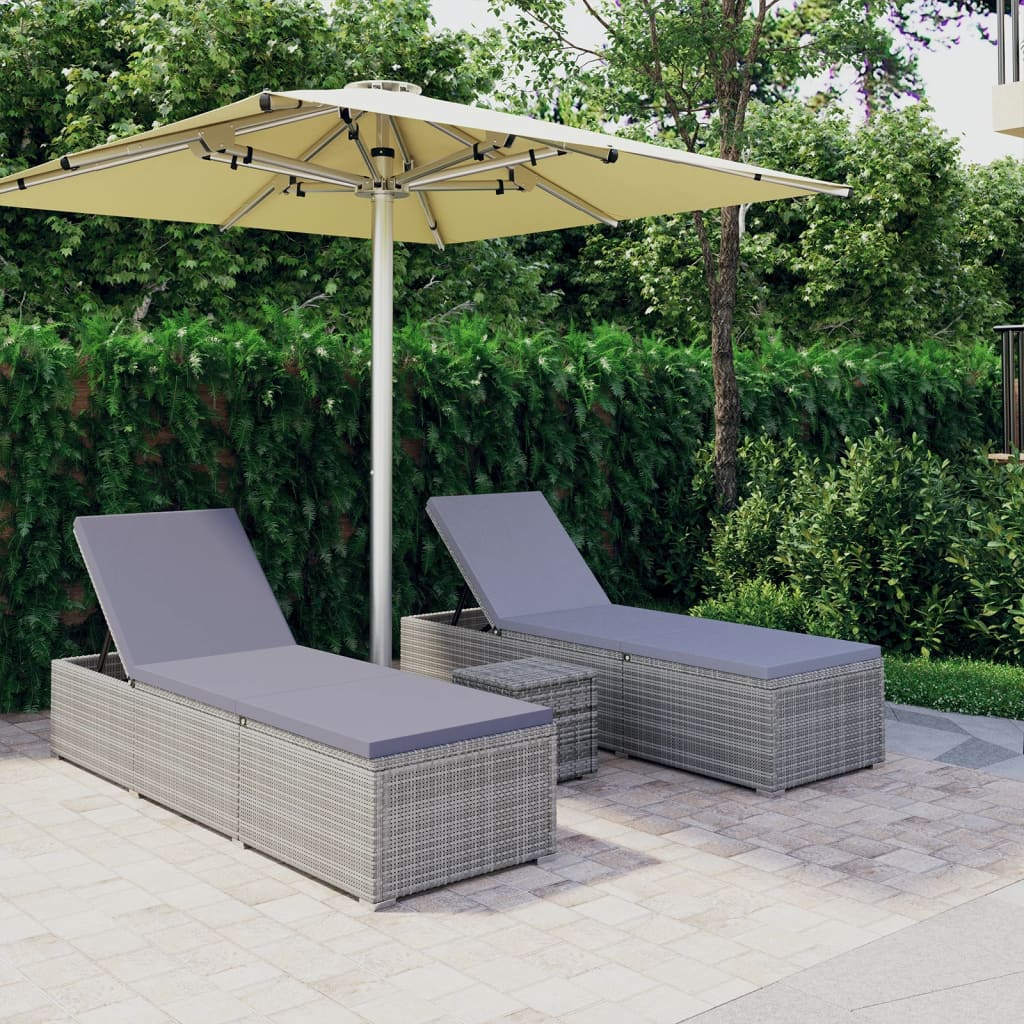 3-piece garden sun loungers with tea table poly rattan grey