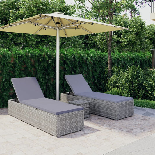 3-piece garden sun loungers with tea table poly rattan grey