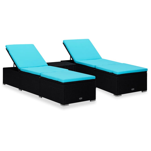 3-piece garden sun loungers with tea table poly rattan black