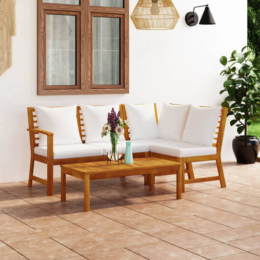 4-piece garden lounge set with cushions cream solid acacia wood