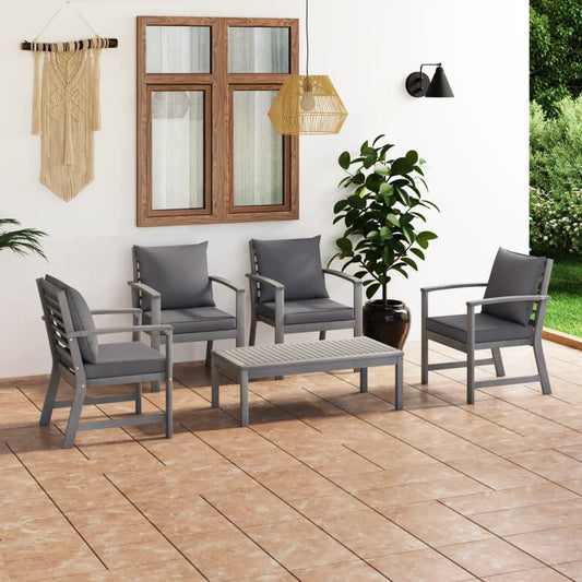 5-piece garden lounge set with cushions solid acacia grey