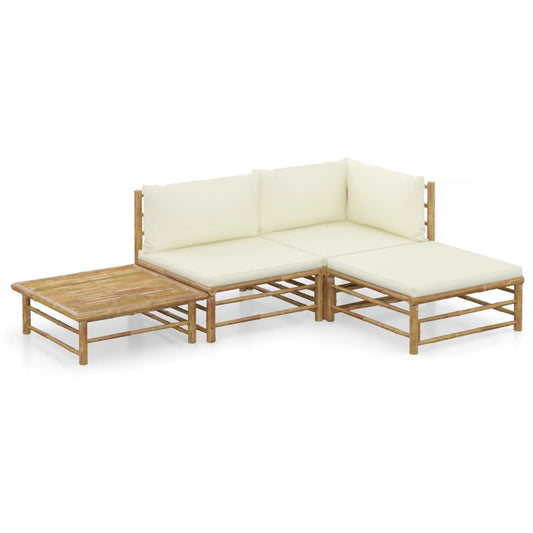 4-piece garden lounge set with cream white cushions bamboo