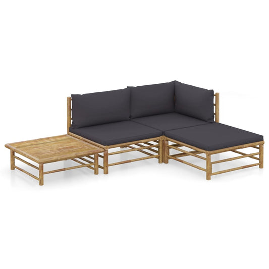 4-piece garden lounge set with dark grey cushions bamboo