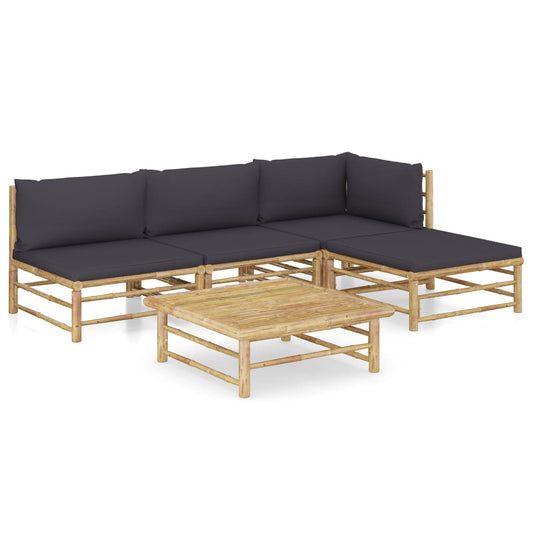 5-piece garden lounge set with dark grey cushions bamboo