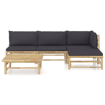 5-piece garden lounge set with dark grey cushions bamboo