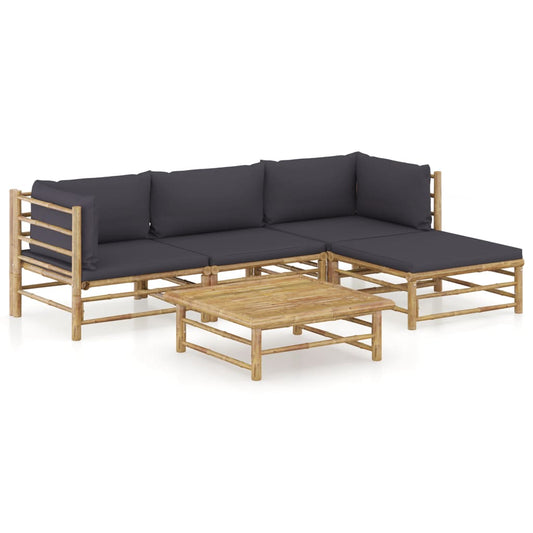 5-piece garden lounge set with dark grey cushions bamboo