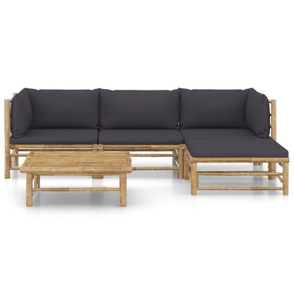 5-piece garden lounge set with dark grey cushions bamboo