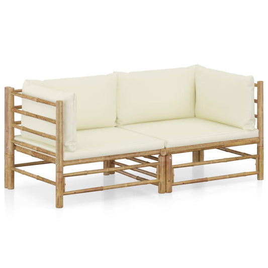 2-piece garden lounge set with cream white cushions bamboo