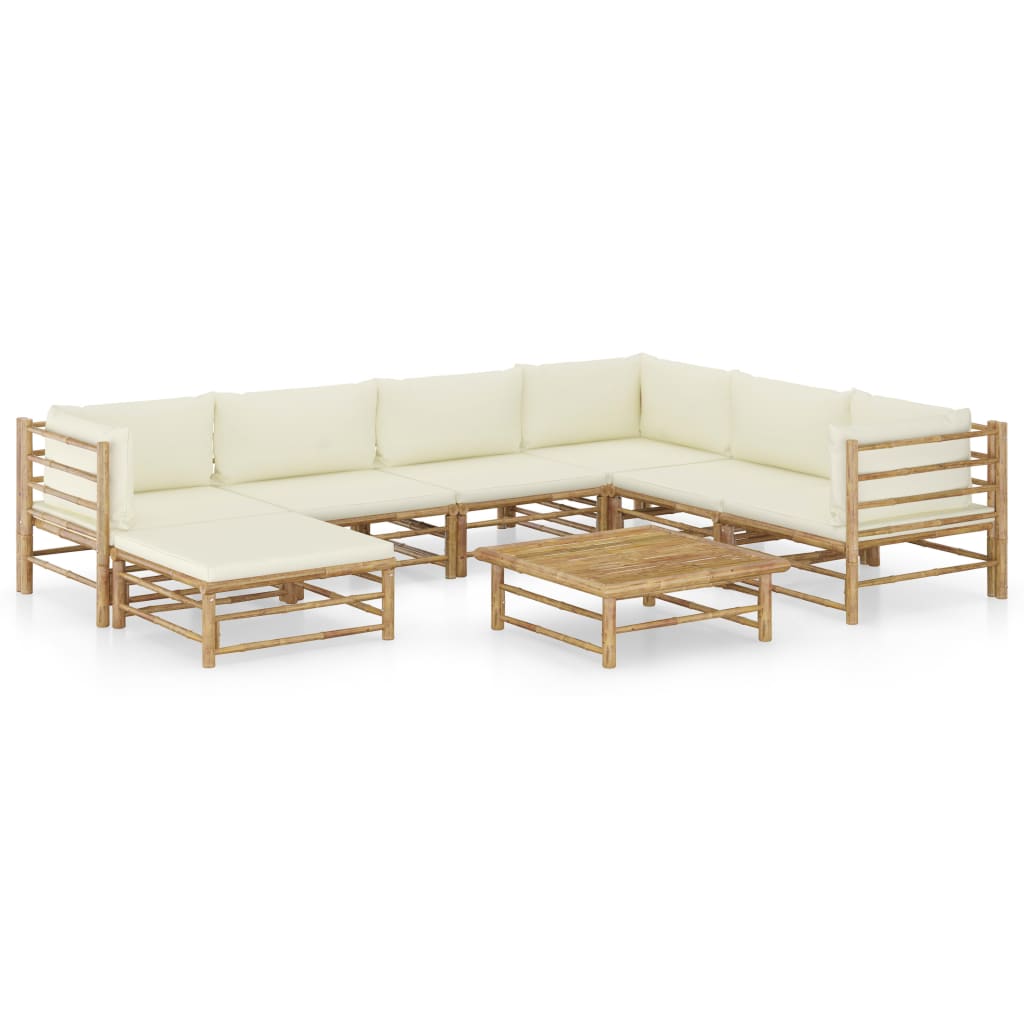 8-piece garden lounge set with cream white cushions bamboo