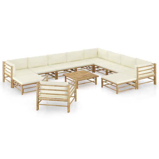 12-tlg. Garten-Lounge-Set mit Cremeweißen Kissen Bambus