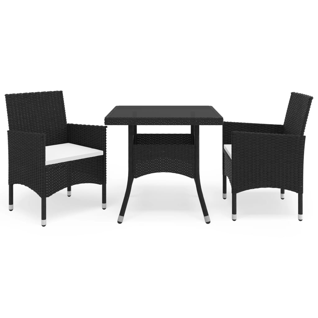 3-piece garden dining set black poly rattan and glass