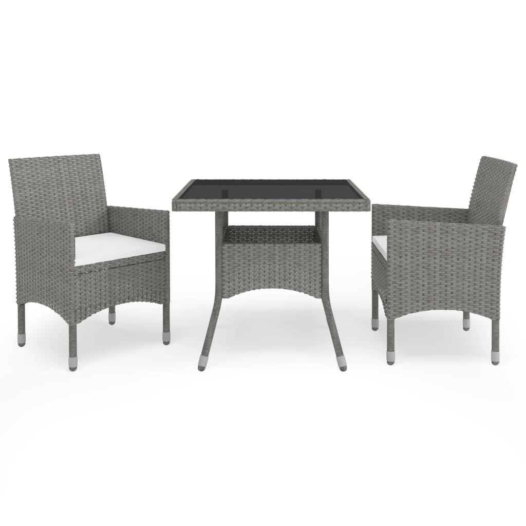 3-piece garden dining set grey poly rattan and glass