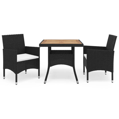 3-piece garden dining set black poly rattan and acacia wood