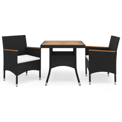 3-piece garden dining set black poly rattan and acacia wood
