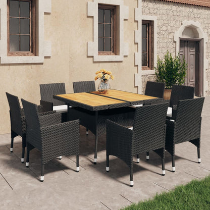 9-piece garden dining set poly rattan acacia solid wood black