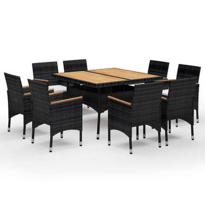 9-piece garden dining set poly rattan and acacia wood black