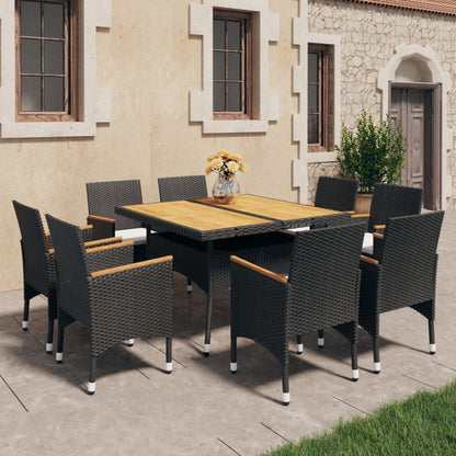 9-piece garden dining set poly rattan and acacia wood black