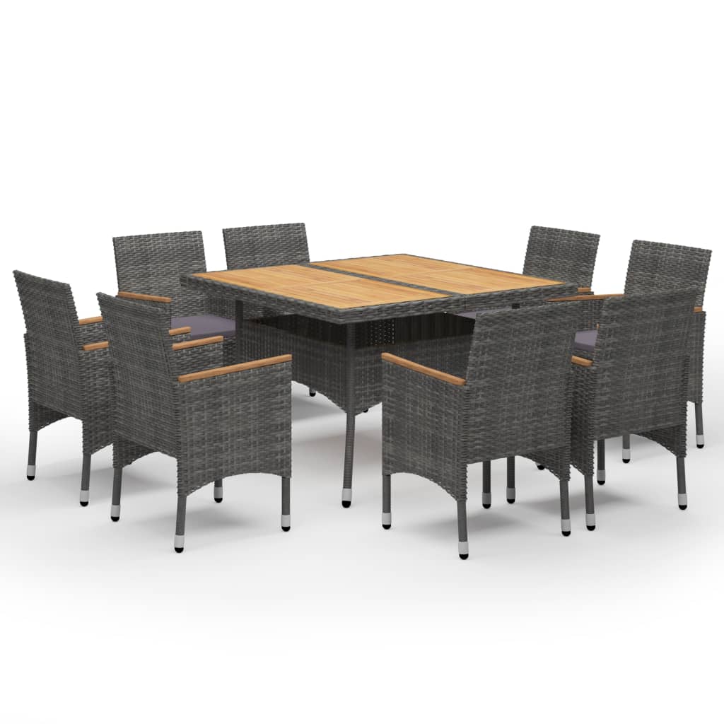 9-piece garden dining set poly rattan and acacia wood grey