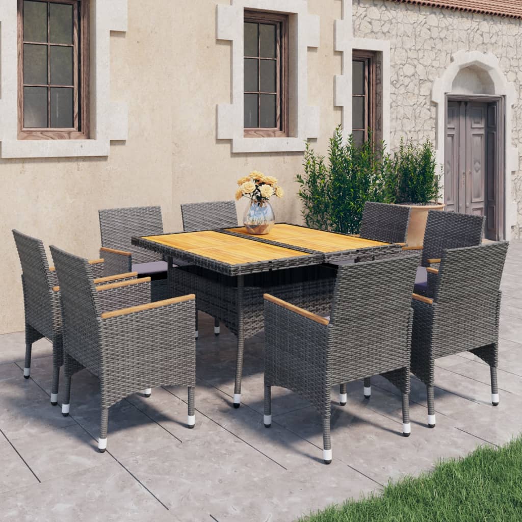 9-piece garden dining set poly rattan and acacia wood grey