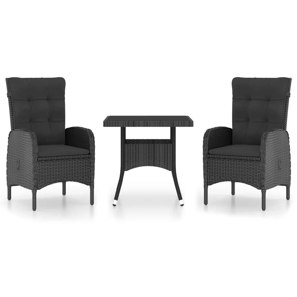 3-piece garden dining set poly rattan and black glass