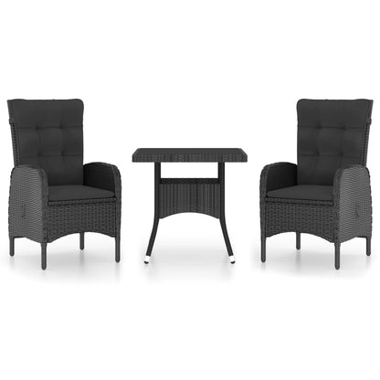 3-piece garden dining set poly rattan and black glass