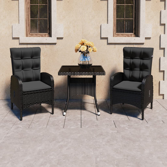 3-piece garden dining set poly rattan and black glass