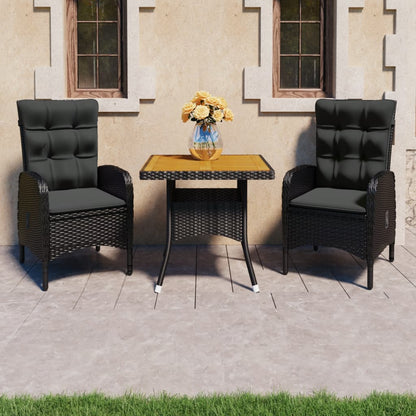 3-piece garden dining set poly rattan and acacia wood black