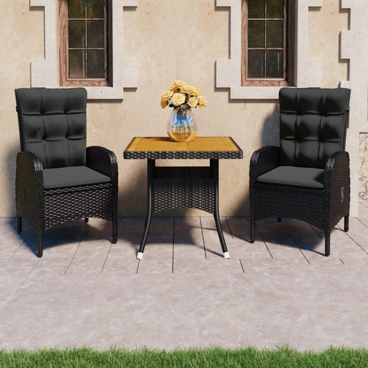 3-piece garden dining set poly rattan and acacia wood black