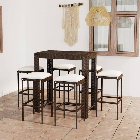 7-piece garden bar set with cushions poly rattan brown