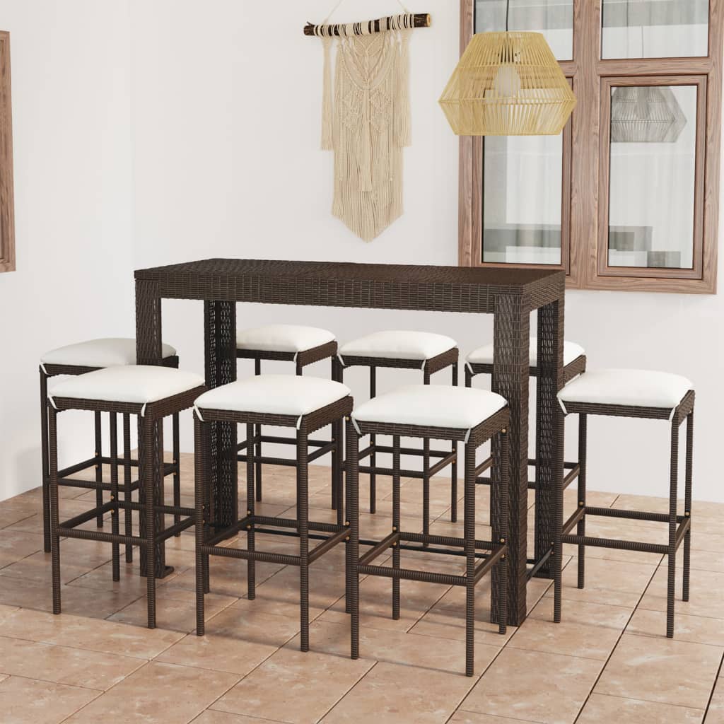 9-piece garden bar set with cushions poly rattan brown