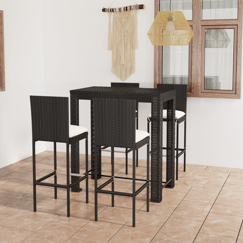 5-piece garden bar set with cushions poly rattan black