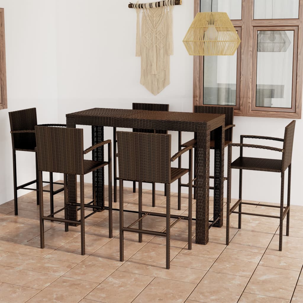7-piece garden bar set with armrests poly rattan brown