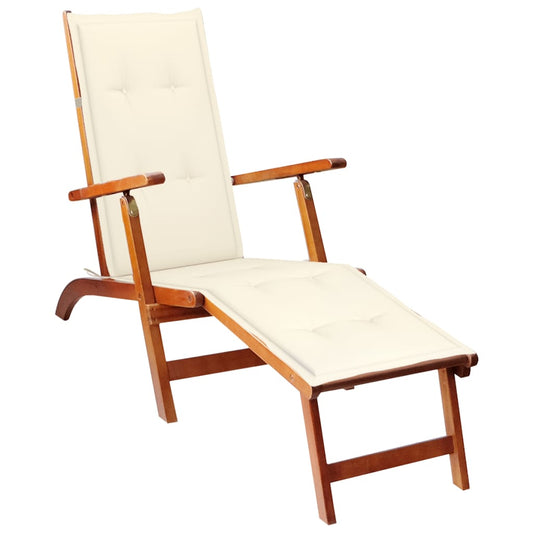 Deck chair with footrest and cushion made of solid acacia wood