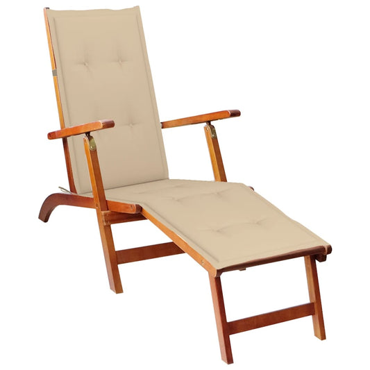 Deck chair with footrest and cushion made of solid acacia wood