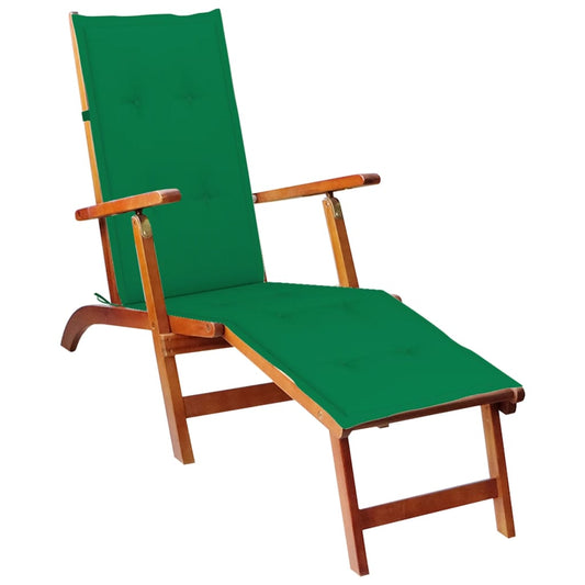 Deck chair with footrest and cushion made of solid acacia wood