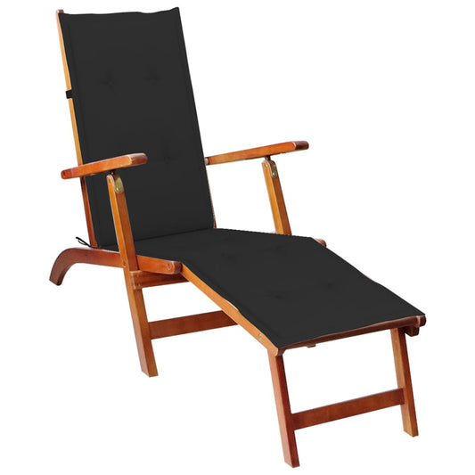 Deck chair with footrest and cushion made of solid acacia wood