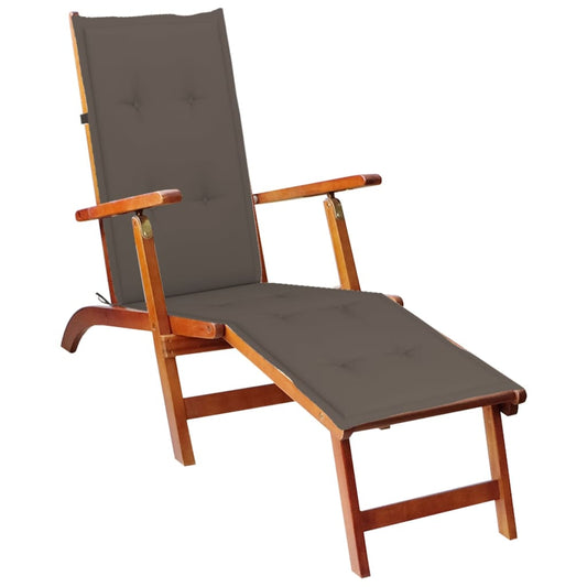 Deck chair with footrest and cushion made of solid acacia wood