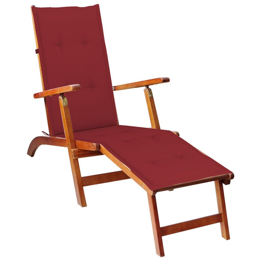 Deck chair with footrest and cushion made of solid acacia wood