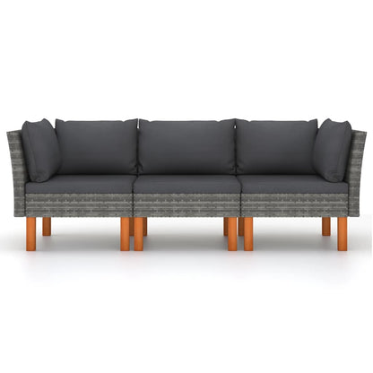 3-Sitzer-Gartensofa mit Kissen Grau Poly Rattan