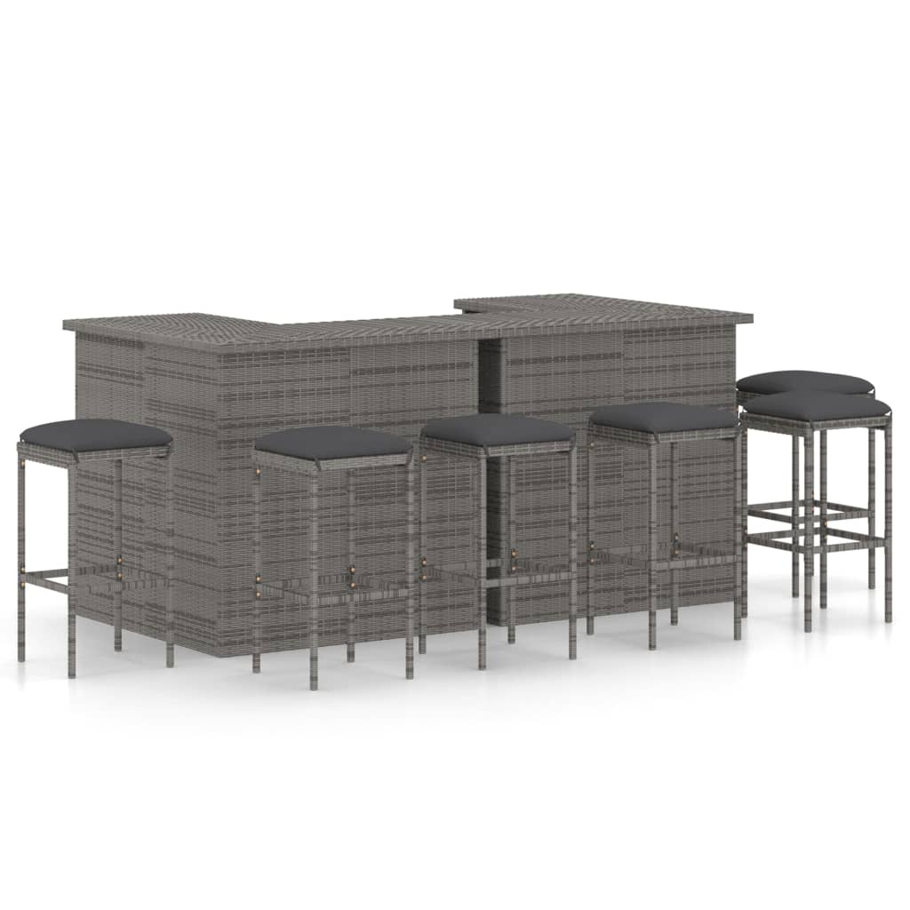 8-tlg. Gartenbar-Set mit Kissen Poly Rattan Grau