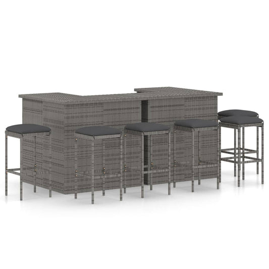 8-tlg. Gartenbar-Set mit Kissen Poly Rattan Grau