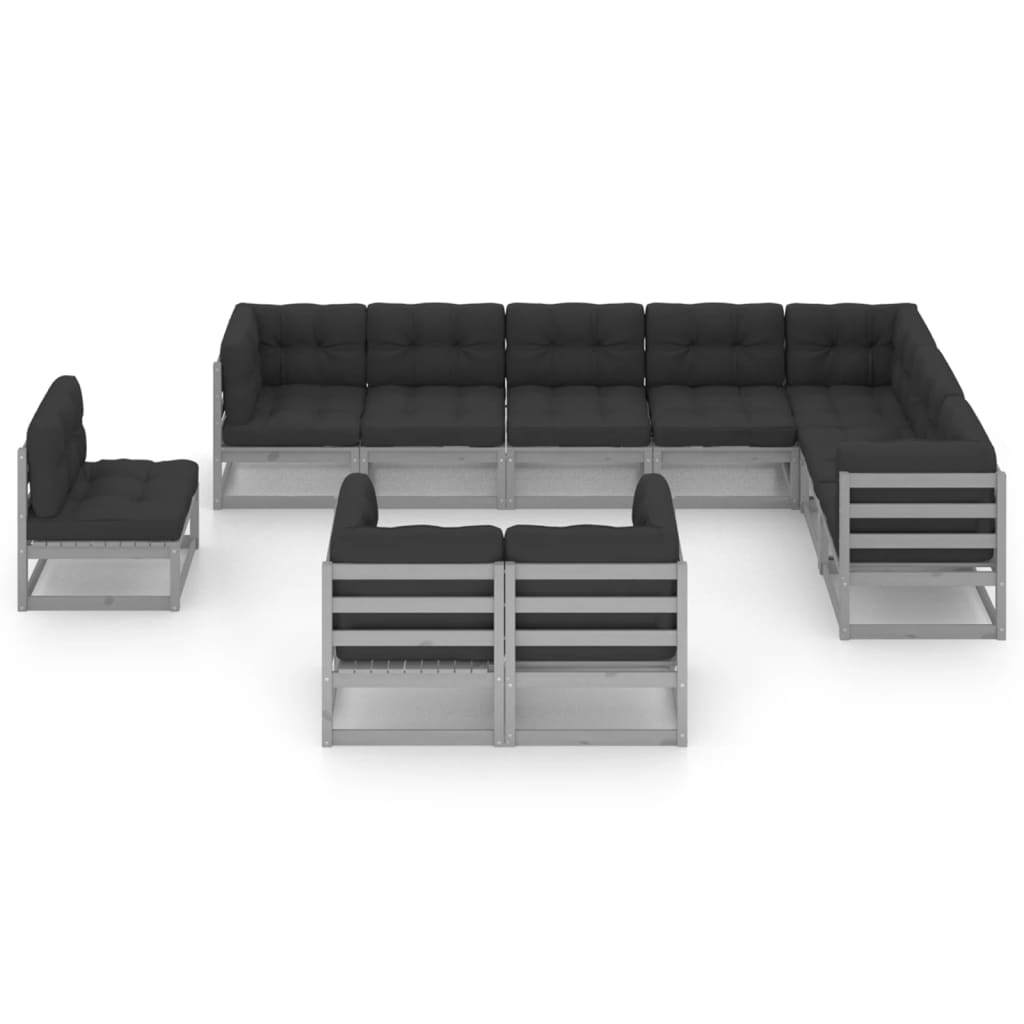 10-piece garden lounge set with cushions grey solid pine