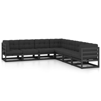 7-tlg. Garten-Lounge-Set mit Kissen Schwarz Massivholz Kiefer